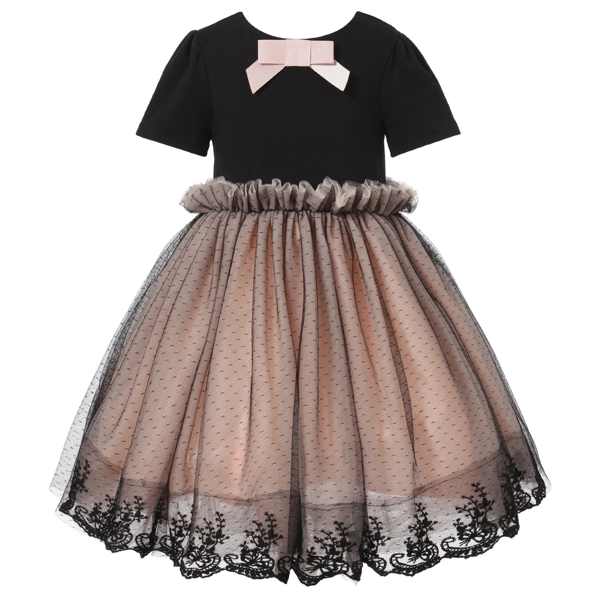 Girls Pink Black Bow Accent Embroidered Mesh Dress 9/10